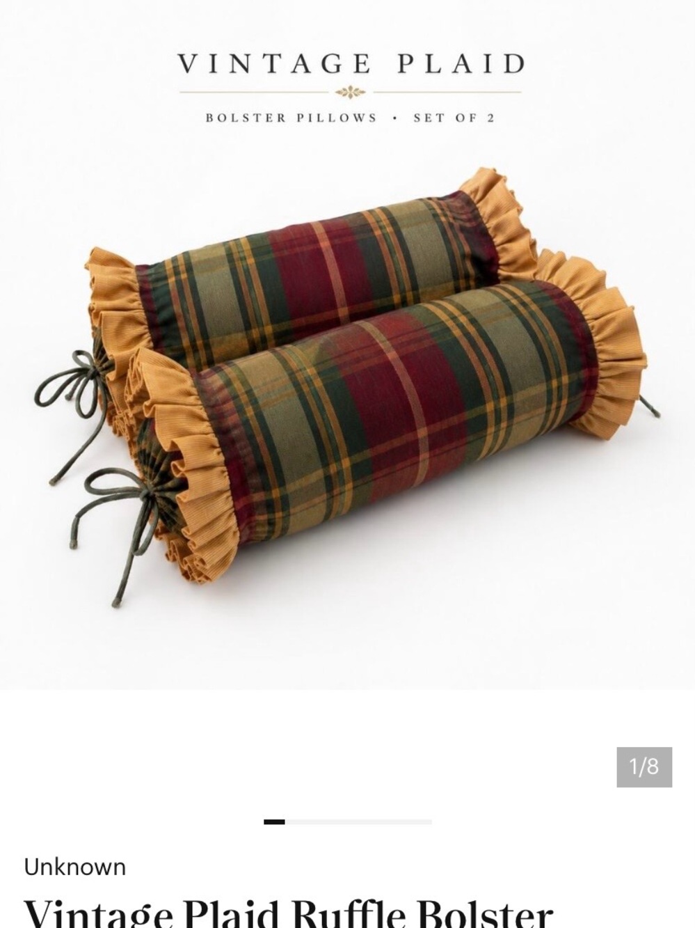 Vintage Plaid Ruffle Bolster Pillows Pair Primitive Cottage Cabin Decor